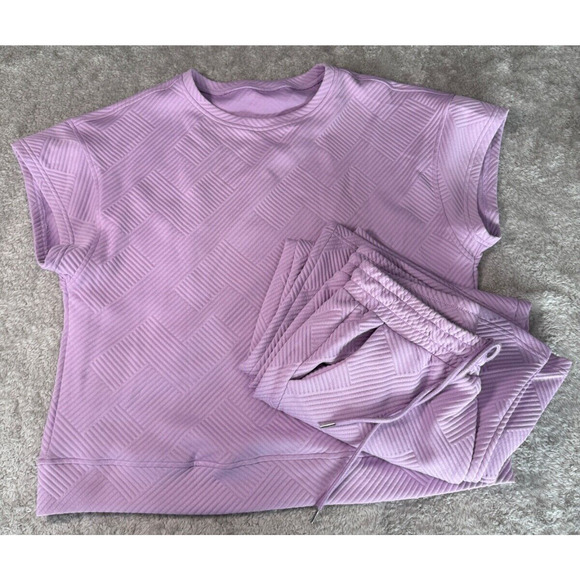 Lilac Purple Geometric Embossed Wide Leg Pants Matching Lounge Set Womens L - Picture 1 of 8